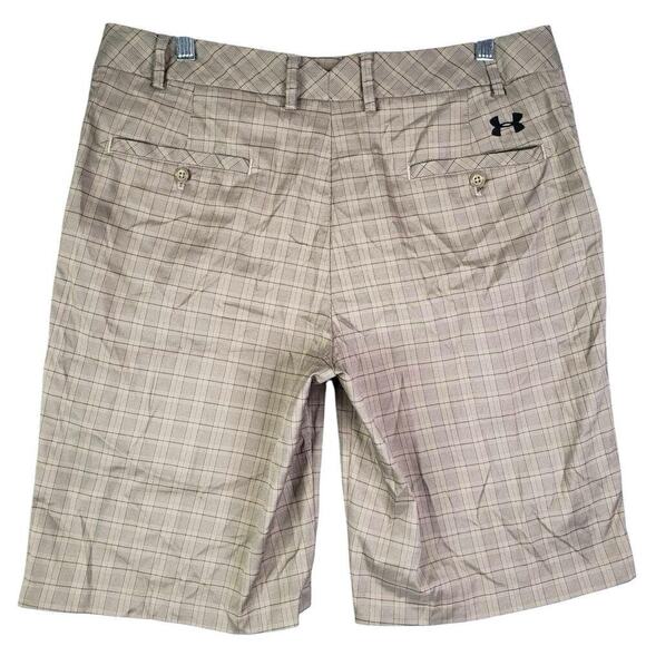 Under Armour UA Golf Shorts Men's Size 34 Tan Plaid Flat Front Performance - Picture 3 of 9